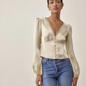 Silk V-Neck Button Front Top